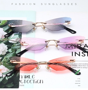 Close-up of rimless dragonfly wing sunglasses showing gradient lenses and detailed vein texture