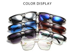 Close-up of semi-rimless aviator sunglasses with double bridge and gold hollow temples