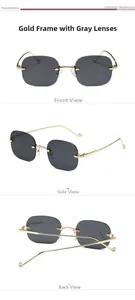 Trois vues de lunettes de soleil sans monture en métal doré avec verres gris rectangulaires