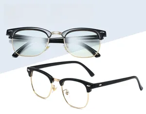 Front and side view of retro semi-rimless blue light blocking glasses with gold metal