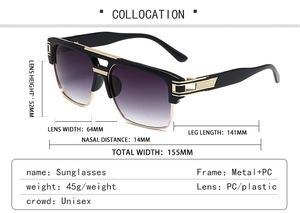 Detailed view of bicolor square sunglasses with dimensions and frame material specs