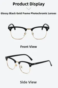 Detail view of semi-rimless photochromic glasses in black and gold metal finish