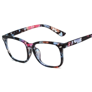 Retro oversized square eyeglasses with blue floral pattern and blue light blocking lens