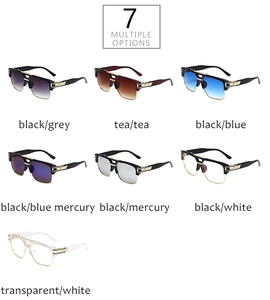 Detail showing seven color variants of square frame sunglasses with metal accents