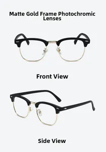 Detail of matte gold semi-rimless frame with photochromic lenses for retro glasses