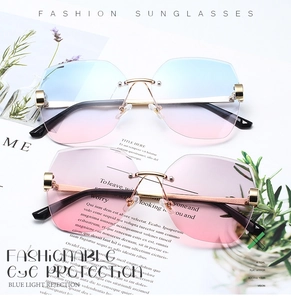 Detailansicht der randlosen Sonnenbrille mit Verlaufsgläsern und goldenen Metallbügeln