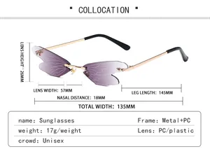 Detailed dimension guide for rimless dragonfly wing sunglasses with gradient purple lenses