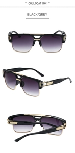 Close-up of black and gold square sunglasses with gradient grey lenses and metal top bar