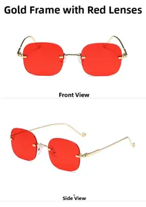 Lunettes sans monture avec cadre doré et verres rouges, vues de face et de profil