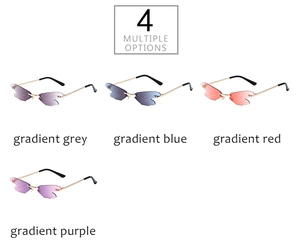 Detailed view of rimless dragonfly wing sunglasses in four gradient color options