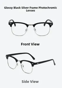Detail of Clubmaster glasses with photochromic lenses and black silver metal frame