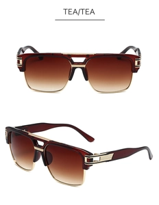 Detail view of square gradient tea sunglasses with hollow gold metal temples and bridge