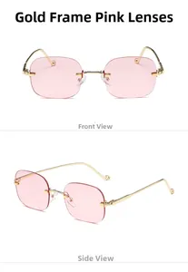 Lunettes sans monture avec branches dorées et verres roses en vues face et profil