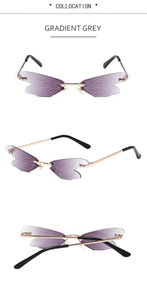 Detailed views of rimless dragonfly wing sunglasses with gradient grey lenses and textures