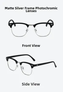 Front and side view of semi-rimless photochromic glasses with matte silver frame