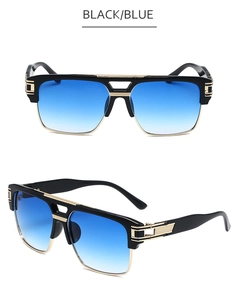 Detail view of black square frame sunglasses with gold accents and blue gradient lenses