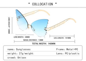 Detailed size specifications of oversized butterfly sunglasses with blue gradient lenses