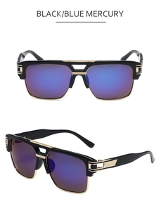 Detail of square retro sunglasses featuring blue mirrored lenses and gold metal accents