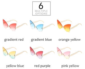 Detailed grid showing butterfly-shaped rimless sunglasses in six gradient color options