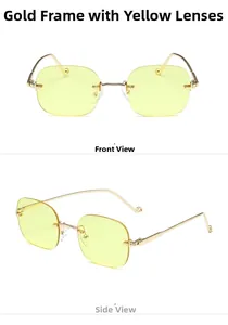 Vues de face et de profil de lunettes de soleil dorées sans monture à verres jaunes