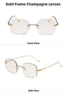 Détail de lunettes rectangulaires sans monture dorées avec des verres couleur champagne