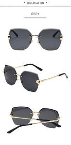 Detailansicht der grauen randlosen Sonnenbrille mit Strasskanten und goldenem Rahmen