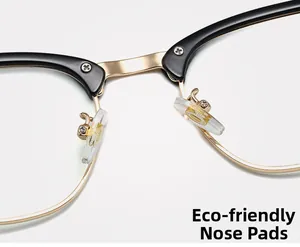 Detailed close-up of eco-friendly nose pads and gold metal bridge on semi-rimless glasses