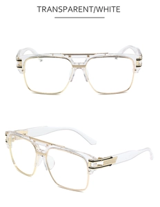Detail view of retro transparent square sunglasses with double bridge and gold textures