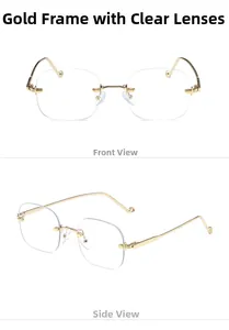 Vue détaillée des lunettes sans monture dorées anti-lumière bleue avec embouts ronds