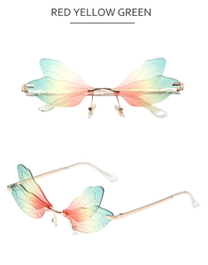 Détails de lunettes de soleil ailes de libellule sans monture avec verres dégradés colorés