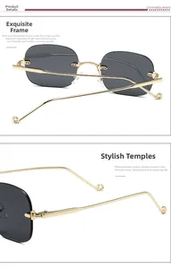 Détail de lunettes sans monture anti-lumière bleue avec fines branches en métal doré et verres