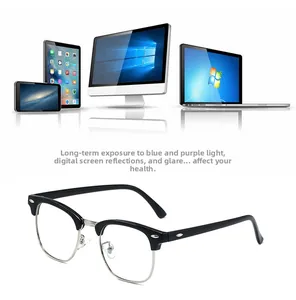 Detail of semi-rimless anti-blue light glasses with black and silver frames for screen use