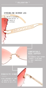 Detailed close-up of rimless butterfly sunglasses featuring gradient lenses and metal hinges