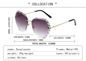 Detaillierte Größenangaben der randlosen Diamant Sonnenbrille mit Gewicht und Maßen