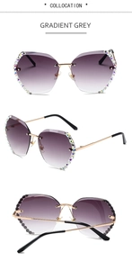 Detailansicht der randlosen Polygon-Sonnenbrille mit grauen Verlaufsgläsern und Strass