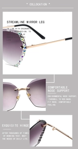 Detailansichten der randlosen, diamantbesetzten Sonnenbrille mit lila Verlaufsgläsern