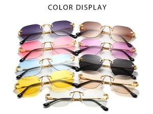 Multiple color options for rimless octagonal sunglasses with textured gold metal temples
