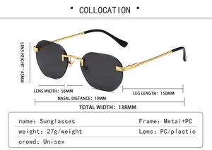 Detailed size specifications and dimensions for rimless octagonal metal sunglasses