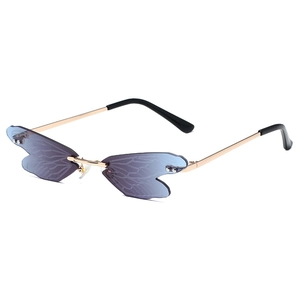 Fashion rimless dragonfly wing sunglasses with blue gradient lenses and gold frames