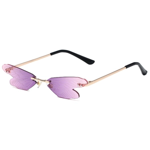 Chic rimless dragonfly wing sunglasses with purple lenses and rose gold metal frame