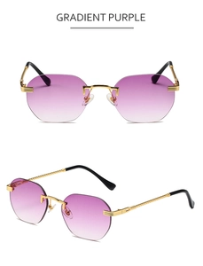 Detail of rimless metal sunglasses with gradient purple lenses and C-shaped nose bridge