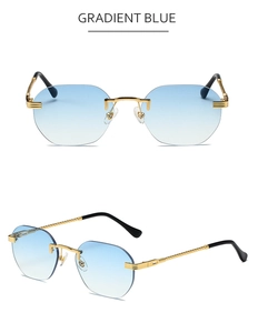 Detail view of rimless gradient blue sunglasses with twisted gold metal temples