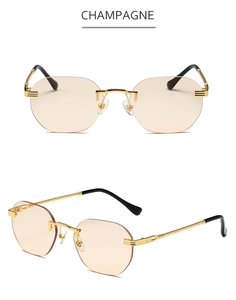 Detail of champagne rimless sunglasses with gold twisted metal temples and polygon lenses