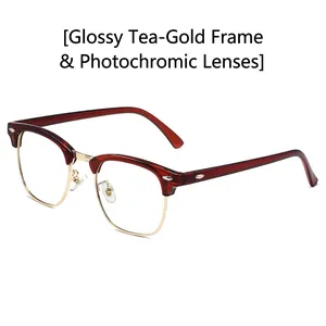 Retro photochromic browline glasses in bright tea and gold frame with anti-blue light
