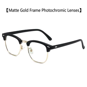 Classic retro semi-rimless photochromic glasses with matte black and gold metal frame