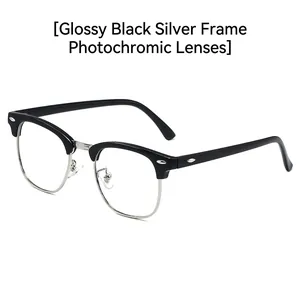 Retro photochromic blue light blocking glasses with black silver frame for men and women