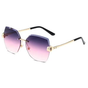 Damen randlose Sonnenbrille mit lila Farbverlauf, Kristallschnitt und Goldgestell