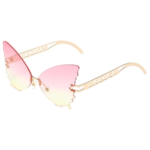 Chic butterfly rimless sunglasses with pink yellow gradient lenses and gold metal frames