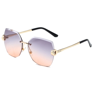 Rahmenlose Strass-Sonnenbrille mit lila-orangefarbenem Verlauf und goldene Metallbügel