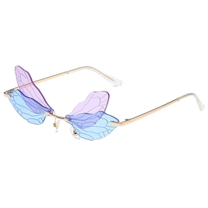 Lunettes de soleil ailes de libellule avec verres dégradés violet bleu et monture dorée